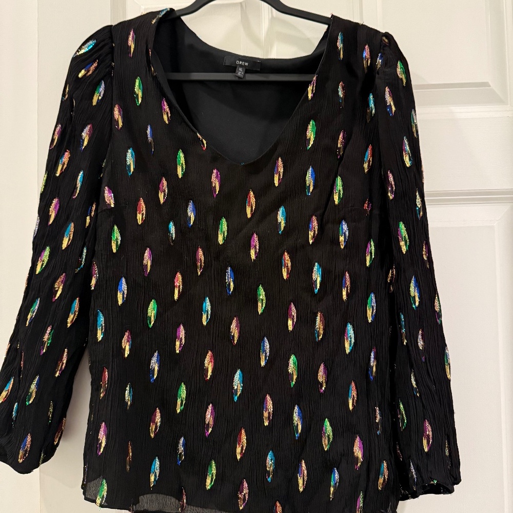 Drew black blouse with metallic colorful print long sleeve Size L